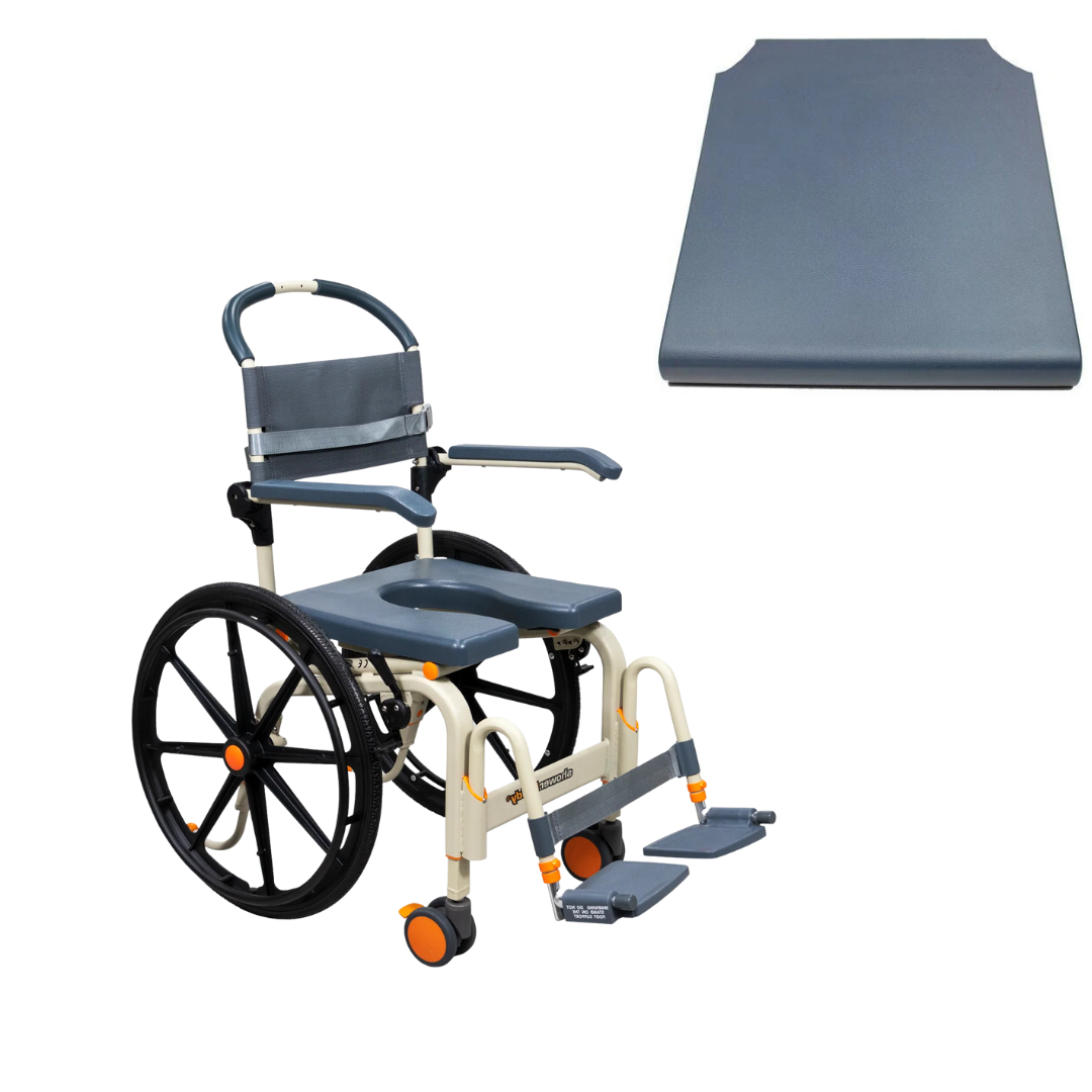 The ShowerBuddy SB6W Roll-In Shower Wheelchair features a padded seat and armrests, large rear wheels, small front casters, and includes a blue-gray rectangular padded seat insert (pictured upper right). Ideal for use as a shower chair.